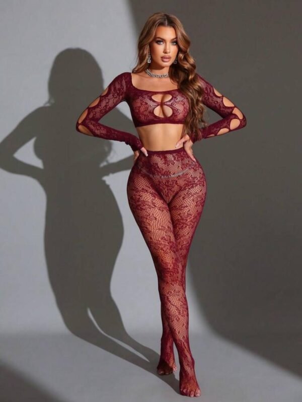 Sexy Sheer Lace Long Sleeve Top And Pants Set